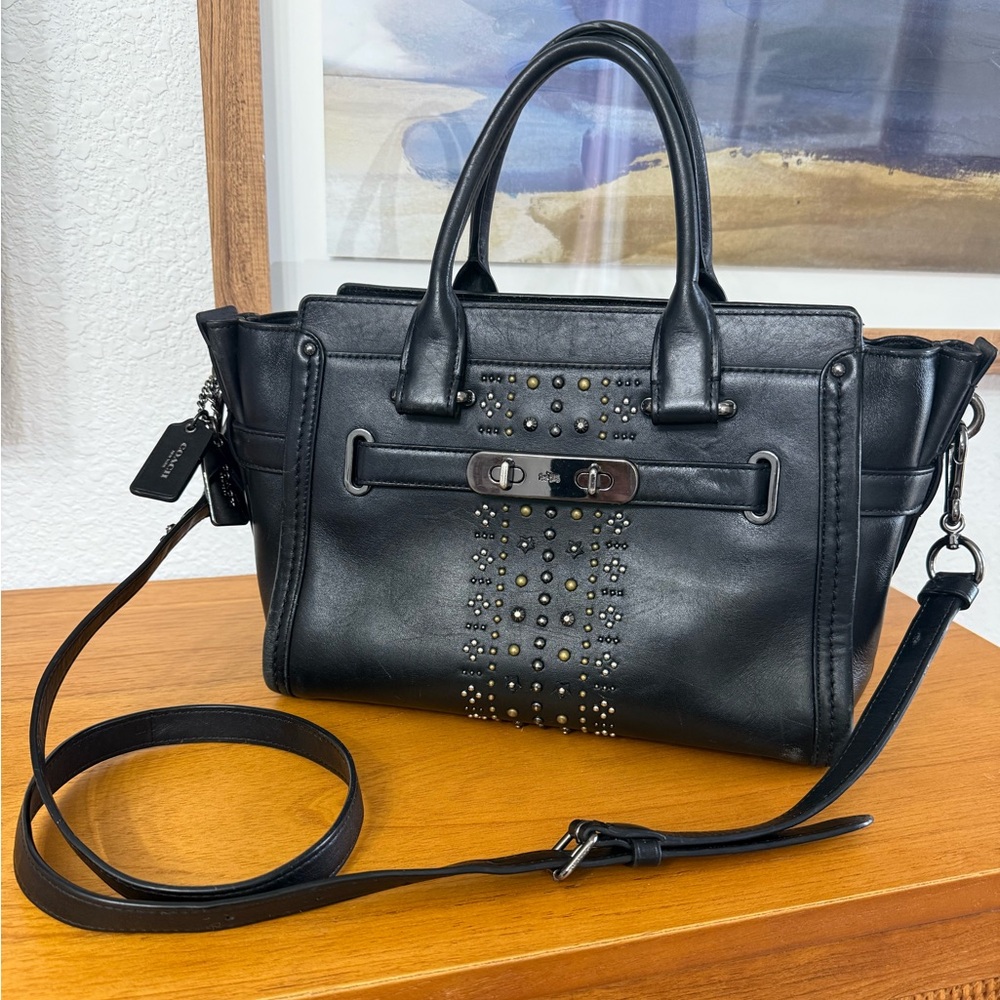 Coach Swagger 27 Bandana Rivets Black Leather Satchel/Crossbody